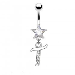 Piercing nombril étoile lettre T avec des cristaux transparents