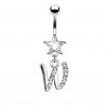 Piercing nombril étoile lettre W avec des cristaux transparents