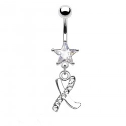 Piercing nombril étoile lettre X avec des cristaux transparents