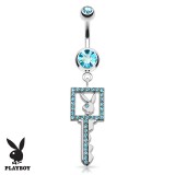 Piercing nombril Playboy 17 - Clé avec lapin et cristaux bleu-clair