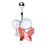 Piercing nombril papillon rose et perle blanche (08)
