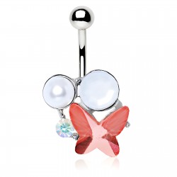 Piercing nombril papillon rose et perle blanche (08)