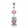 Piercing nombril hibou debout sur un socle avec cristaux roses (146)