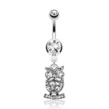 Piercing nombril hibou debout sur un socle avec cristaux transparents (146)
