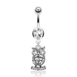 Piercing nombril hibou debout sur un socle avec cristaux transparents (146)