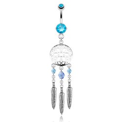 Piercing nombril attrape rêve 04 - Bleu-clair trois plumes