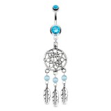 Piercing nombril attrape rêve 05 - Deluxe bleu-clair trois plumes