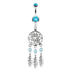 Piercing nombril attrape rêve 05 - Deluxe bleu-clair trois plumes