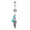 Piercing nombril plume 03 - Trois perles turquoises cristal transparent