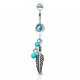 Piercing nombril plume 03 - Trois perles turquoises cristal bleu-clair