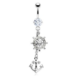 Piercing nombril ancre marine 06 - Transparent gouvernail et ancre avec chainettes