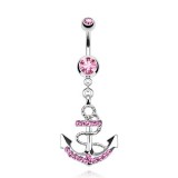 Piercing nombril ancre marine 05 - Cordage avec cristaux roses