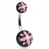 Piercing nombril UV 82 - Boule noir avec fleur rose