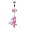 Piercing nombril papillon quatre beaux cristaux roses (130)