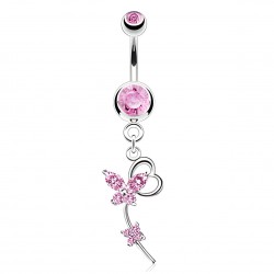 Piercing nombril deux papillons colorés roses (01)