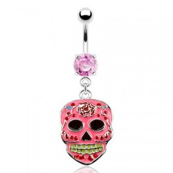 Piercing nombril gothique 07 - Crâne Mexicain rose