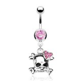 Piercing nombril gothique 25 - Tête de mort cristaux roses