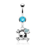 Piercing nombril gothique 25 - Tête de mort cristaux bleu-clair