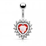 Piercing nombril cœur 21 - Cristal rouge entouré de zircones transparents