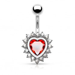 Piercing nombril cœur 21 - Cristal rouge entouré de zircones transparents