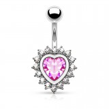 Piercing nombril cœur 21 - Cristal rose entouré de zircones transparents