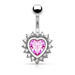 Piercing nombril cœur 21 - Cristal rose entouré de zircones transparents