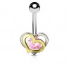 Piercing nombril cœur 91 - Jaune et gris avec cristal rose