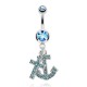 Piercing nombril ancre marine 02 - Croix et ancre avec cristaux bleu-clair