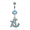 Piercing nombril ancre marine 02 - Croix et ancre avec cristaux bleu-clair