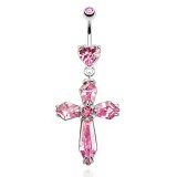 Piercing nombril croix 15 - Cœur et cristaux roses