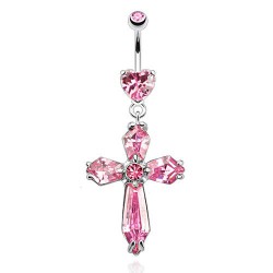 Piercing nombril croix 15 - Cœur et cristaux roses