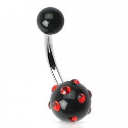 Piercing nombril UV 21 - Boule noir strass rouges