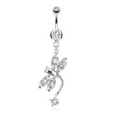 Piercing nombril libellule en plein vol avec cristaux transparents (105)