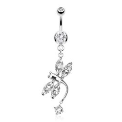 Piercing nombril libellule en plein vol avec cristaux transparents (105)