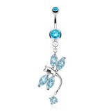 Piercing nombril libellule en plein vol avec cristaux bleu-clair (105)