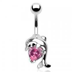 Piercing nombril dauphin avec un cœur en zircone rose (111)
