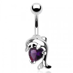Piercing nombril dauphin avec un cœur en zircone lilas (111)