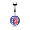 Piercing nombril logo Playboy lapin rouge sur fond bleu