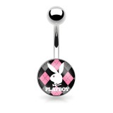 Piercing nombril logo Playboy lapin sur fond noir et rose