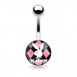 Piercing nombril logo Playboy lapin sur fond noir et rose