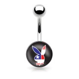 Piercing nombril logo Playboy lapin avec un œil étoilé sur fond noir