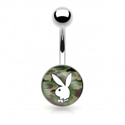 Piercing nombril logo Playboy lapin blanc sur camouflage