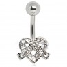 Piercing nombril cœur 77 - Multiples cristaux "Peace and love" transparents
