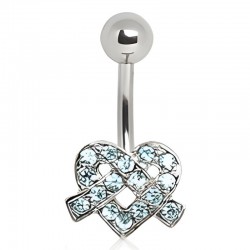 Piercing nombril cœur 77 - Multiples cristaux "Peace and love" bleu-clair