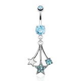 Piercing nombril étoile 26 - bleu-clair deux étoiles et un cristal rond