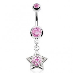 Piercing nombril étoile 23 - Creuse avec zircone rond rose