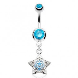 Piercing nombril étoile 23 - Creuse avec zircone rond bleu-clair