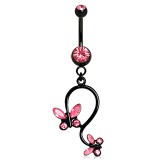 Piercing nombril noir 05 - Papillon pendant cristaux roses