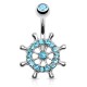 Piercing nombril gouvernail avec cristaux bleu-clair (D219)