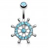 Piercing nombril gouvernail avec cristaux bleu-clair (D219)
